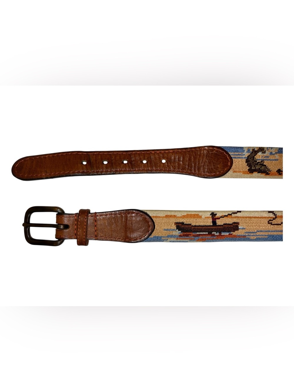 Smathers & Branson Parlour Size 32 fly fishing design needlepoint leather belt. - Picture 2 of 9